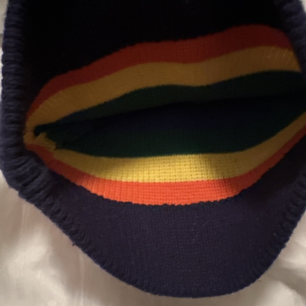 Vintage 80s Rainbow Striped Knit Beanie Ski Toque Wool Cap Hippie Pride Pom Hat - Picture 4 of 8